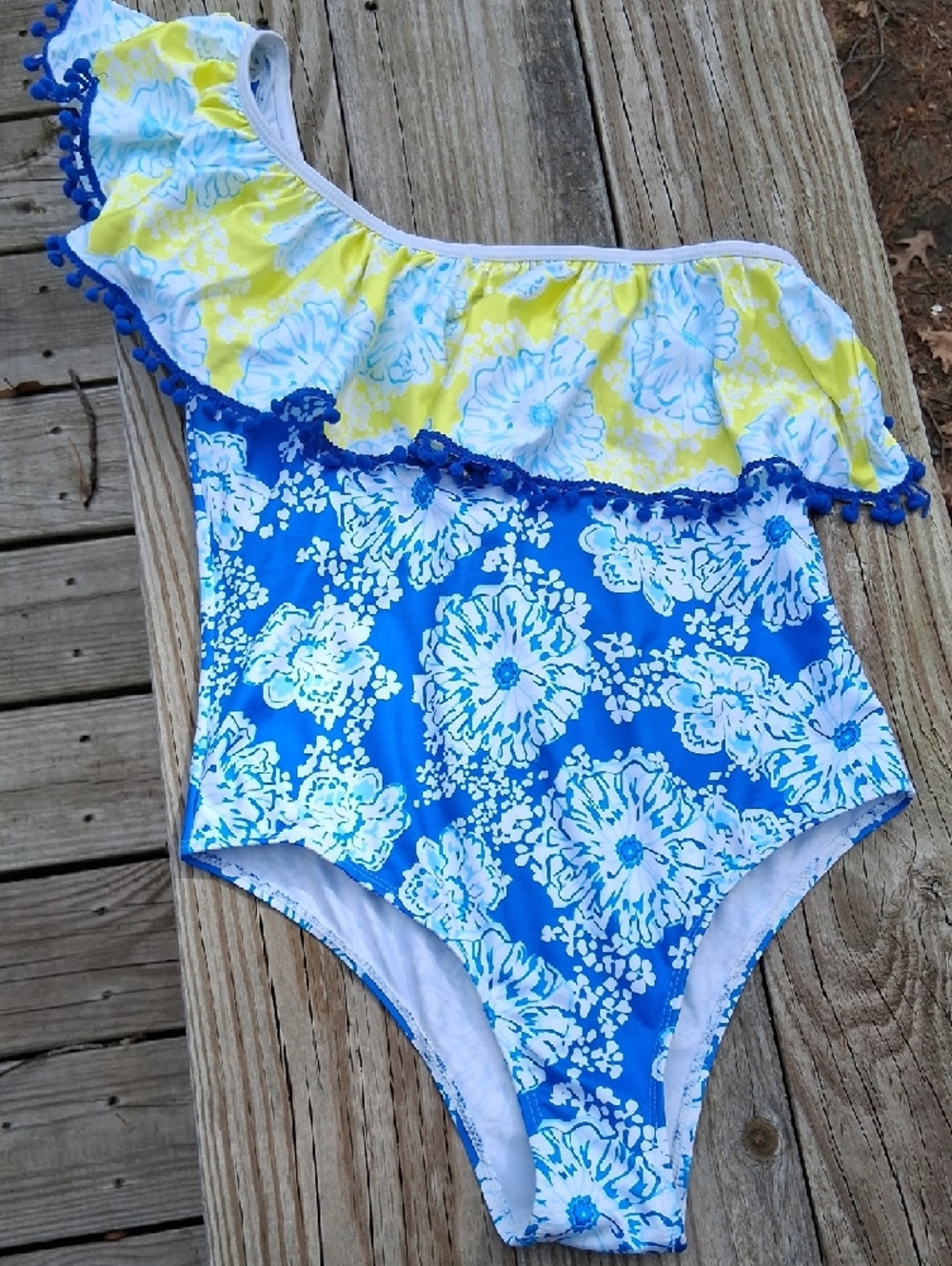 SHEIN Blue & Yellow Floral One-Shoulder Ruffle Swimsuit